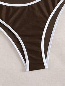 Swim SXY Damen Strand Musik Festival Frühling/Sommer Metallschmuck farbblockierter High-Cut Neckholder Badeanzug - Braun - Übersicht 5