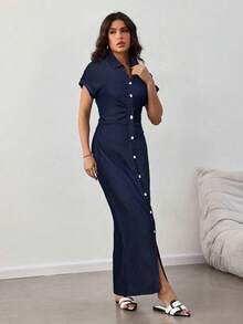 SHEIN Lady Women's Solid Color Short Sleeve Single-Breasted Shirt Style Denim Dress Long Dress With Slit Button Dress Blue Jean Dress Women Split Dress Denim Maxi Dress - Dark Wash - View 3