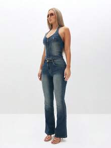 BABYPHAT Low Rise Stretch Denim Bootcut Flare Jeans For Festival Summer Casual Wear - Dark Wash - View 3
