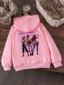 Young Girl Casual K-POP Cartoon Girl Print Hooded Sweatshirt, Fashionable Street Style Graphic Pullover Sweatshirt For Autumn/Winter - Pink - View 4