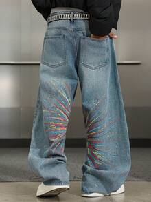 Manfinity ZONE917 Men's Loose Fashion Distressed Pocket Creative Firework Print Barrel Leg Jeans Baggy Jeans - Blue - View 6