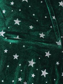 女孩休闲优雅百搭 V 领连衣裙，带有散落的银色工艺、星星图案，背面有银色蝴蝶结，适合派对、郊游、散步、通勤，可搭配夹克、外套 - 綠色 - 查看 7