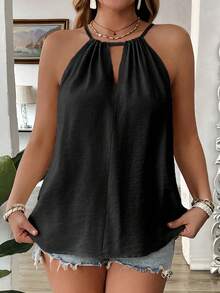 EMERY ROSE Plus Size Fashionable Apricot Spaghetti Strap Casual Loose Flattering Cover Hips Stylish Sexy Strap Design Elegance Camisole For Women - Black - View 4