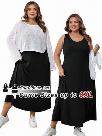 SHEIN CURVE+ 2件套加大码女式黑色流苏撞色蕾丝T恤和裤子套装