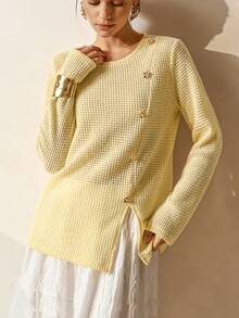 SHEIN Unity Lymera 女士奶油黄不对称秋季优雅商务休闲侧开衩圆领格子纽扣长袖柔软畅销T恤上衣，适合夏季、秋季/冬季派对、外出、新年、圣诞节、感恩节、工作、办公室、通勤等场合。 - 黃色 - 查看 8