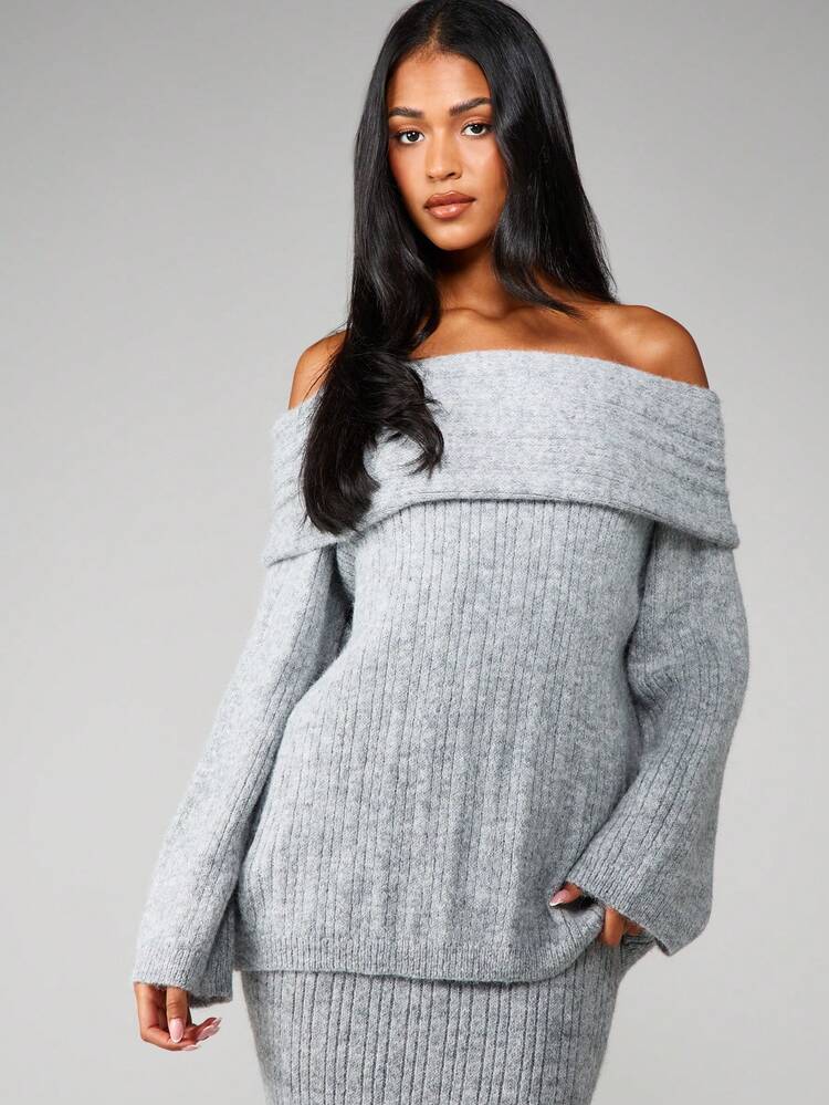 MISSGUIDED Jersey de punto acanalado oversize con hombros descubiertos para mujer, de manga larga, para invierno
