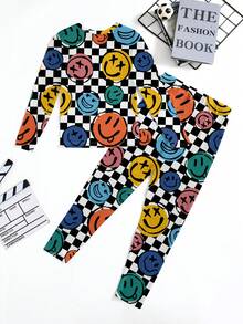 Tween Boys Casual Minimalist Snug Fit Face Print Long Sleeve Crew Neck Loungewear Set, Suitable For Autumn & Winter - Multicolor - View 2