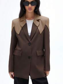 GENKIRA 女式现代设计拼色翻领拼布解构休闲长袖西装外套 - 卡其色 - 查看 6