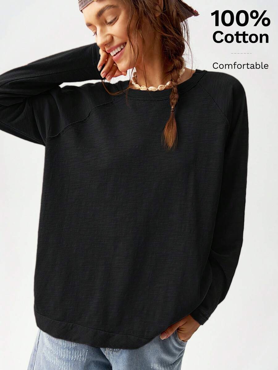 Bohemela Camiseta de manga raglán de cuello redondo de unicolor casual y diaria, talla grande, otoño - Negro - Ver 1