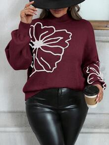 SHEIN Clasi 大码女式大码圆领长袖毛衣，3D 花卉装饰，秋冬 - 紅白色 - 查看 1