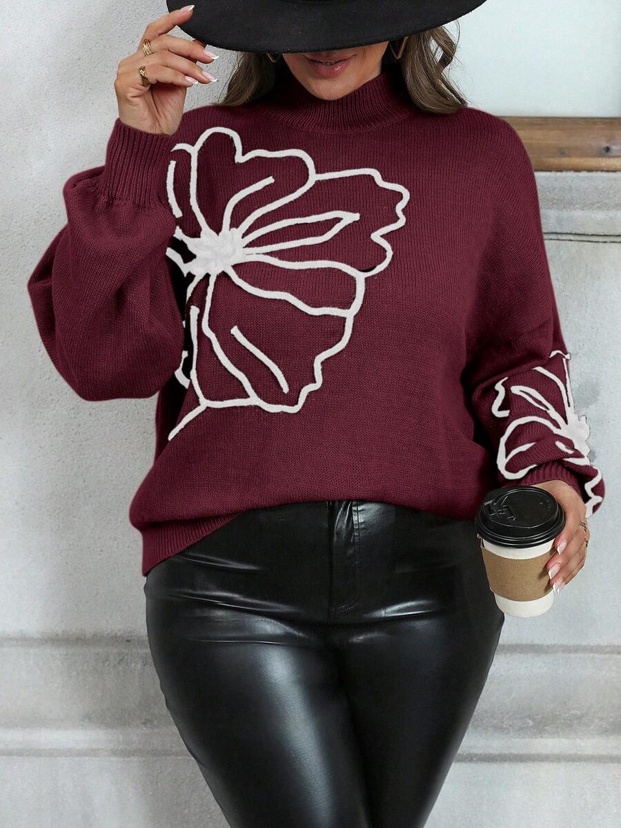 SHEIN Clasi 大码女式大码圆领长袖毛衣,3D 花卉装饰,秋冬 - 紅白色 - 查看 1