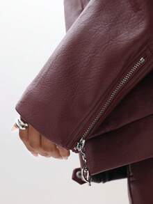 BABYPHAT Chaqueta de motociclista de cuero sintético PU con bordado de texto y cierre frontal con cremallera - Burdeos - Ver 7