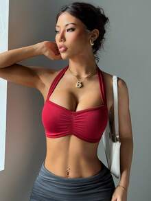 Slayform Women's Racerback Ruched Seamless Sports Bra,Burgundy Red Summer Athleisure Gym Halter Top With Built In Bra,Comfortable Push Up Bikini Top - Burgundy - View 3
