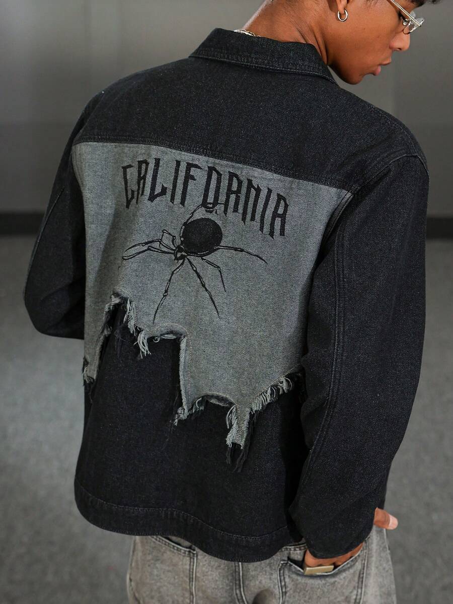 Manfinity ZONE917 Men Premium Washed Black Embroidered Denim Long Sleeve Jacket, Spider Dark Wash Grunge Jacket - Black - View 1