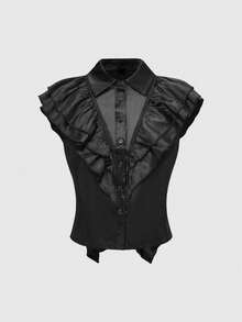 ROMWE Goth Gothic Style Satin Ruffle Trim Women Satin Blouse For Halloween