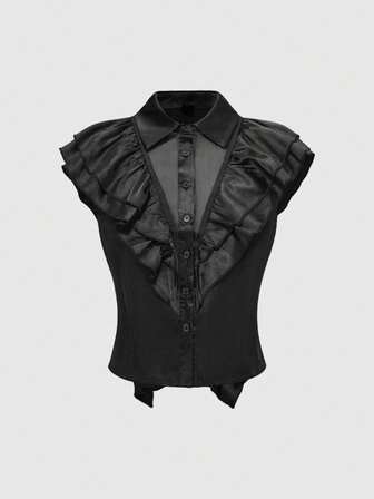 Gothic Stil Satin Rüschen Saum Damen Satin Bluse für Halloween