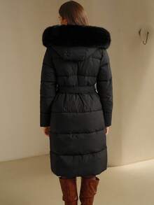 Anewsta 女式纯色长袖拉链领人造毛皮拼布休闲长款连帽冬季夹克 - 黑色 - 查看 3