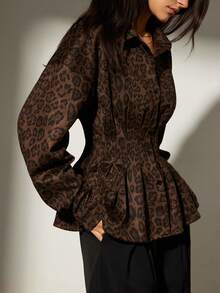 Aveloria Modichic Suede Leopard Print Stylish V-Neck Cinched Waist Shirt - Multicolor - View 5