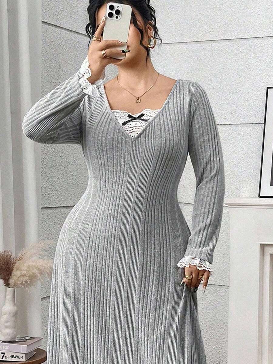 Modelyn Vestido elegante de encaje y parches para talla grande, ideal para el trabajo - Gris Claro - Ver 1