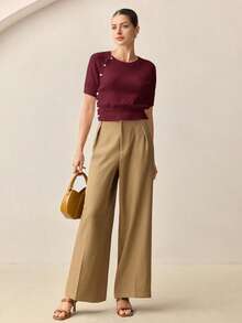 BizChic Irregular Diamond Pattern Round Neck Single-Breasted Decorated Women's Sweater, Fashionable And Elegant For Urban Commute, Daily Wear, Romantic 90s Retro, Suitable For Christmas, New Year, Valentine's Day, Party, Beach, Graduation, Carnival, Holiday, All-Match Casual, Romantic, Suitable For Wedding Guests, Hosts, Dates, Parties, Concerts, Brunch, Airport - Burgundy - View 5