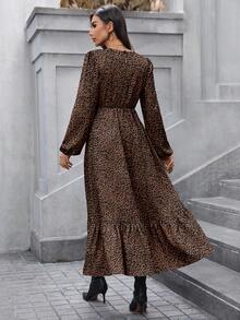 SHEIN LUNE فستان طويل أنيق للنساء بطبعة نمر على الياقة والأكمام الواسعة والذيل المتدرج، بتصميم خط A، مناسب للاستخدام اليومي والعمل، للخريف والشتاء