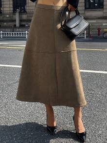 DAZY Falda casual de línea A para mujer con parches de ante, suelta y con estilo, de unicolor, adecuada para otoño e invierno - Verde militar - Ver 6