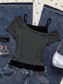 Attitoon Vintage Car Graphic Casual Colorblock Short Sleeve T-Shirt For Women - Dark Grey - View 2