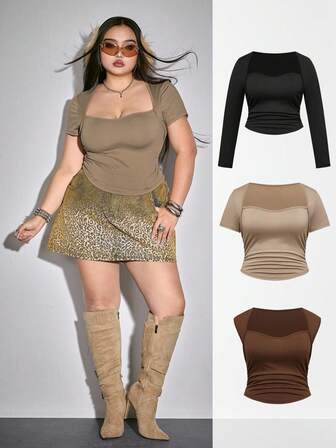 Set da 3 magliette da donna taglie forti con scollo a V e vita regolabile, manica lunga, corta e senza maniche, versatili per molteplici occasioni