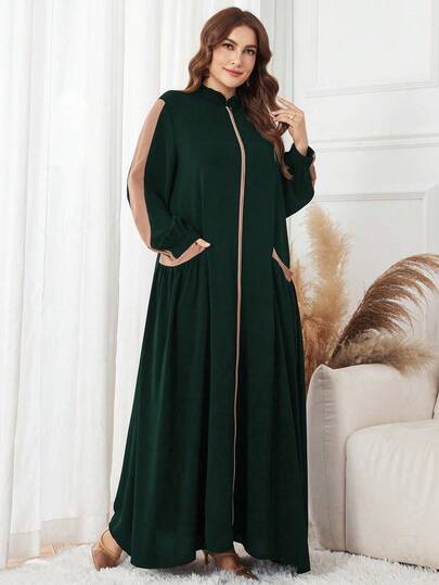 Al Najma ชุดเดรสอาหรับพลัสไซส์ ทรงหลวมใส่สบายลำลอง แขนโคมไฟ คอตั้ง แบบปะติดสำหรับผู้หญิง