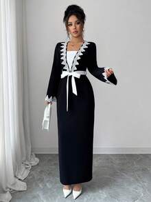 Elenzga 女式优雅修身 V 领喇叭袖腰部收紧直下摆拼色荷叶边连衣裙，适合秋冬季休闲、约会、办公室穿着 - 黑色 - 查看 4