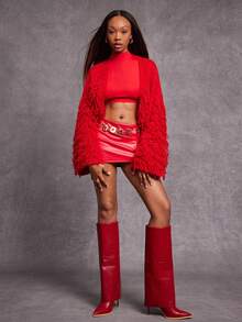 NYA SZN Jacket Long Sleeve Crop Loose Oversized Baggy Sleeve Fringe Detail Textured Buttons Everyday Casual Brunch Date Night Out Holiday Gyaru Modest Church Event Special Occasion Fall Winter Statement Valentines Day Outfits For Women - Red - View 7