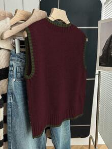 Franclia Áo len dệt kim không tay cổ tròn rộng rãi, màu kaki tương phản, dành cho nữ, mùa xuân/thu - xanh quân đội - Xem 2