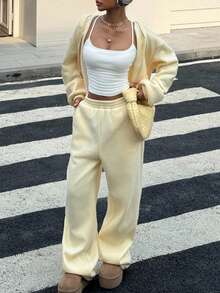 Muchica 2 件套女士休闲连帽衫套装，适合秋冬季，前开式连帽衫套装，奶油黄 - 黃色 - 查看 3