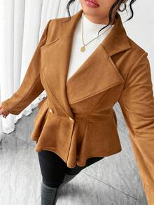 Elenzga Plus Size Women Elegant Lapel Waist Flared Solid Color Faux Suede Autumn/Winter Blazer - Brown - View 6