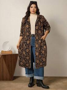 Zelara 加大码时尚纯绿色连帽口袋设计中长款夹克秋季带口袋女式风衣外套冬装 - 棕色 - 查看 6