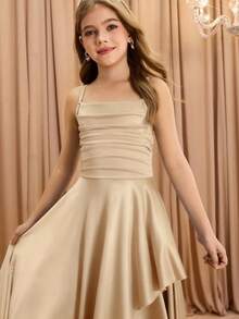 Tween Girl Elegant Fashion Luxurious Spaghetti Strap Criss-Cross Shoulder Sleeveless High Waist Cinched Waist Flared Hem Long Asymmetric Hem Design Solid Satin Shiny Fabric High-End Christmas, Graduation, Party, Halloween Dress - Champagne - View 3