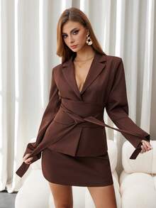 Chiquease Costum elegant pentru femei, culoare solidă, cu rever, mânecă lungă, cu nod în talie, sacou și fustă midi, toamnă - Maro - Vizualizare 4