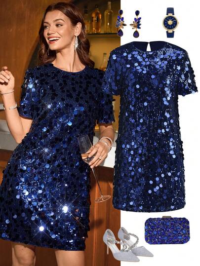 Ellevyn Christmas Outfit For Women,Blue Sequin Party Dress, Straight Fit Short Sleeve Mini Dress For Women Christmas Winter Dress New Year Thanksgiving Party Elegant Luxury,Party Dresses For Women