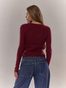 MUSERA Ribbed Knit Layered Lace Trim Long Sleeve Sweater Top Winter Cute Casual Cosy Winter - Burgundy - View 2