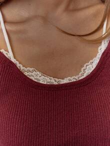 MUSERA Ribbed Knit Layered Lace Trim Long Sleeve Sweater Top Winter Cute Casual Cosy Winter - Burgundy - View 6