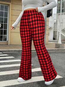 SHEIN EZwear 大码女式高腰休闲格子喇叭裤 - 紅色 - 查看 3