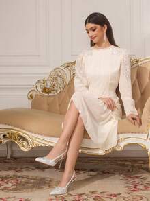 CUCCOO TILAWA Giày cao gót mũi nhọn đính đá Rhinestone nổi thời trang nữ dự tiệc cưới trang trọng - Bạc - Xem 9