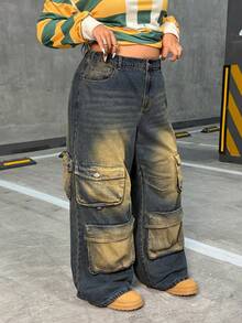 Slaydiva Plus Size Women Vintage Washed High Waist Slimming Straight Leg Cargo Pants, Autumn - Blue - View 5