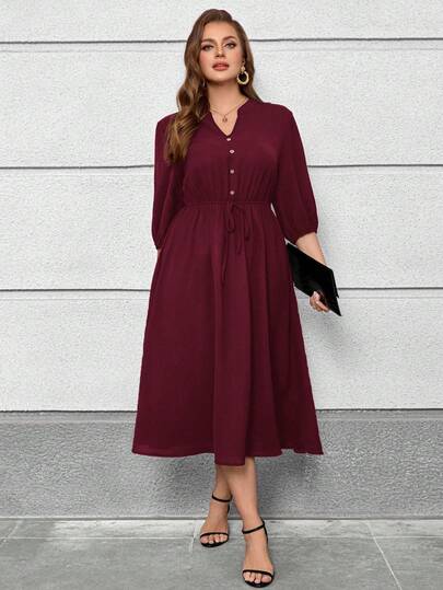 Miaspire Plus Size V-ringad midiklänning med sänkta axlar och puffärm som döljer magen