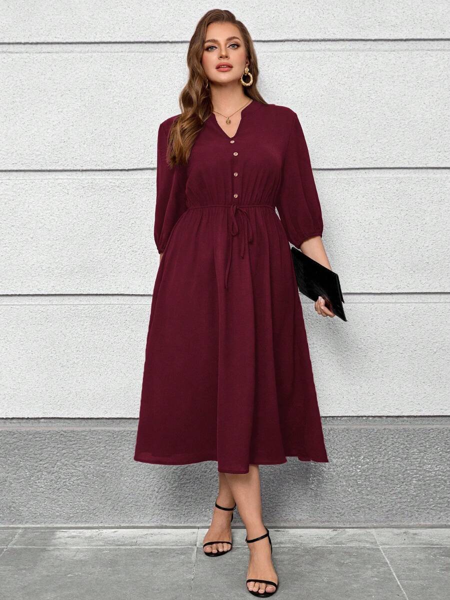 Miaspire Plus Size V-Neck Dropped Shoulder Puff Sleeve Concealing Belly Midi Dress - Burgundy - View 1