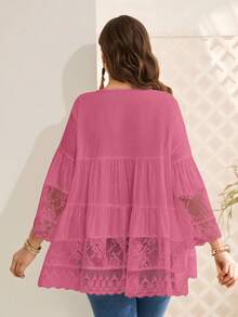 EMERY ROSE Áo cánh ren chắp vá tay 3/4 màu hồng cỡ lớn dành cho nữ mùa thu/đông, thường ngày đầu xuân, thời trang, mùa thu/đông, đi chơi, mẫu mới 2025, đơn giản và thời trang để mặc hàng ngày, cỡ lớn mùa đông, giáng sinh cho phụ nữ, năm mới, lễ tạ ơn - Màu Hồng Tươi - Xem 3