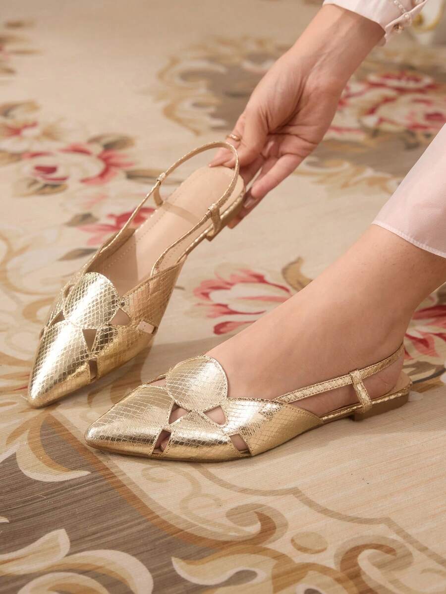 CUCCOO TILAWA Sandali piatti con punta affusolata e design traforato, scarpe da donna dallo stile elegante e britannico - Dorato - Visualizzare 1