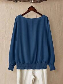 Linhara 加大码女式 V 领长袖 T 恤，适合通勤和休闲外出穿着 - 藍色 - 查看 2