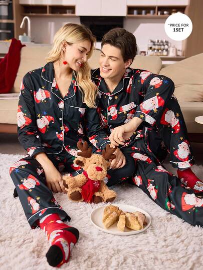 CoupledUp Conjunto de pijama de manga larga con estampado de Papá Noel en pareja, ropa de otoño para hombres