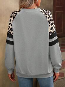 SHEIN LUNE 女式豹纹纯色拼布圆领长袖休闲运动衫 - 淺灰色 - 查看 2